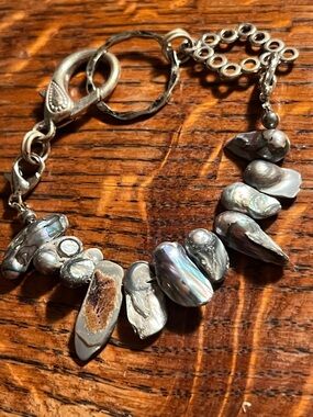 Sterling Silver Freshwater mother of Pearl Statement Bracelet - Gray Iridescent